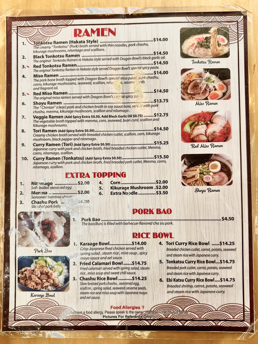 beck side of menu with ramen and rice bowl options with pictures